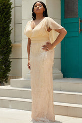 Vestido formal de noche con escote en V color champán y talla grande